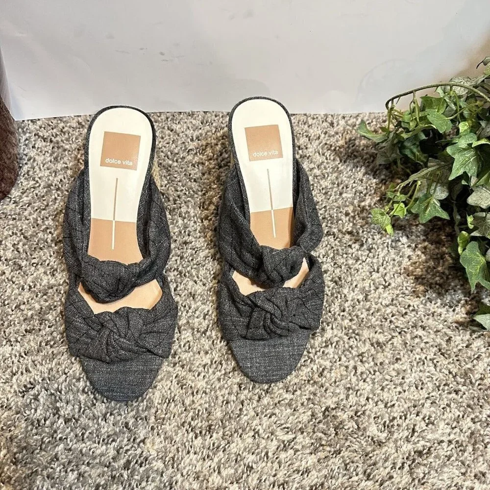 Dolce Vita Jene Double Strap Heeled Sandal Knotted Fabric Gray Slip On 7.5 New